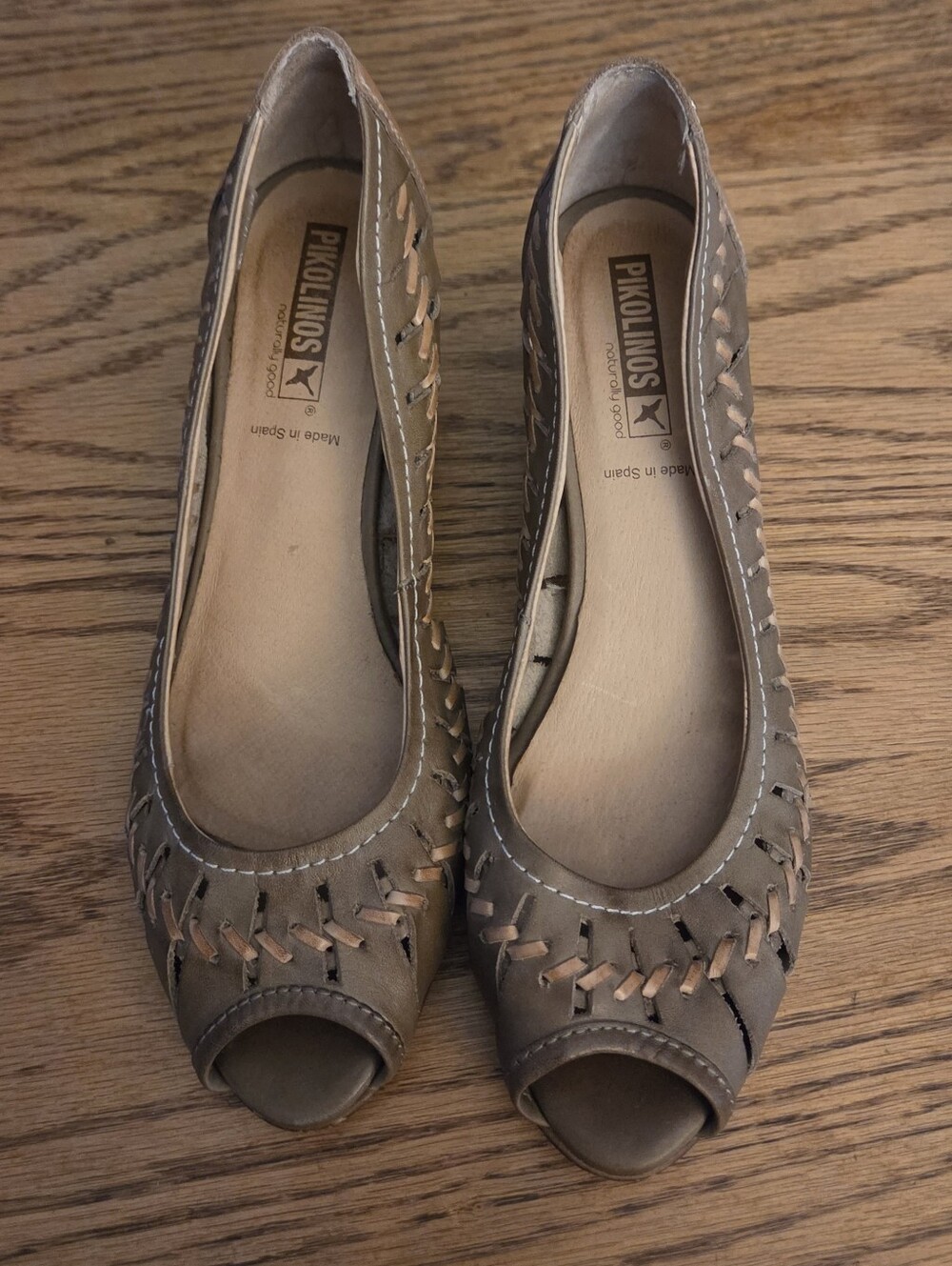 Pikolinos Peep Toe Heels Woven Leather Tan Taupe Preppy Womens 7.5 (EU 38)